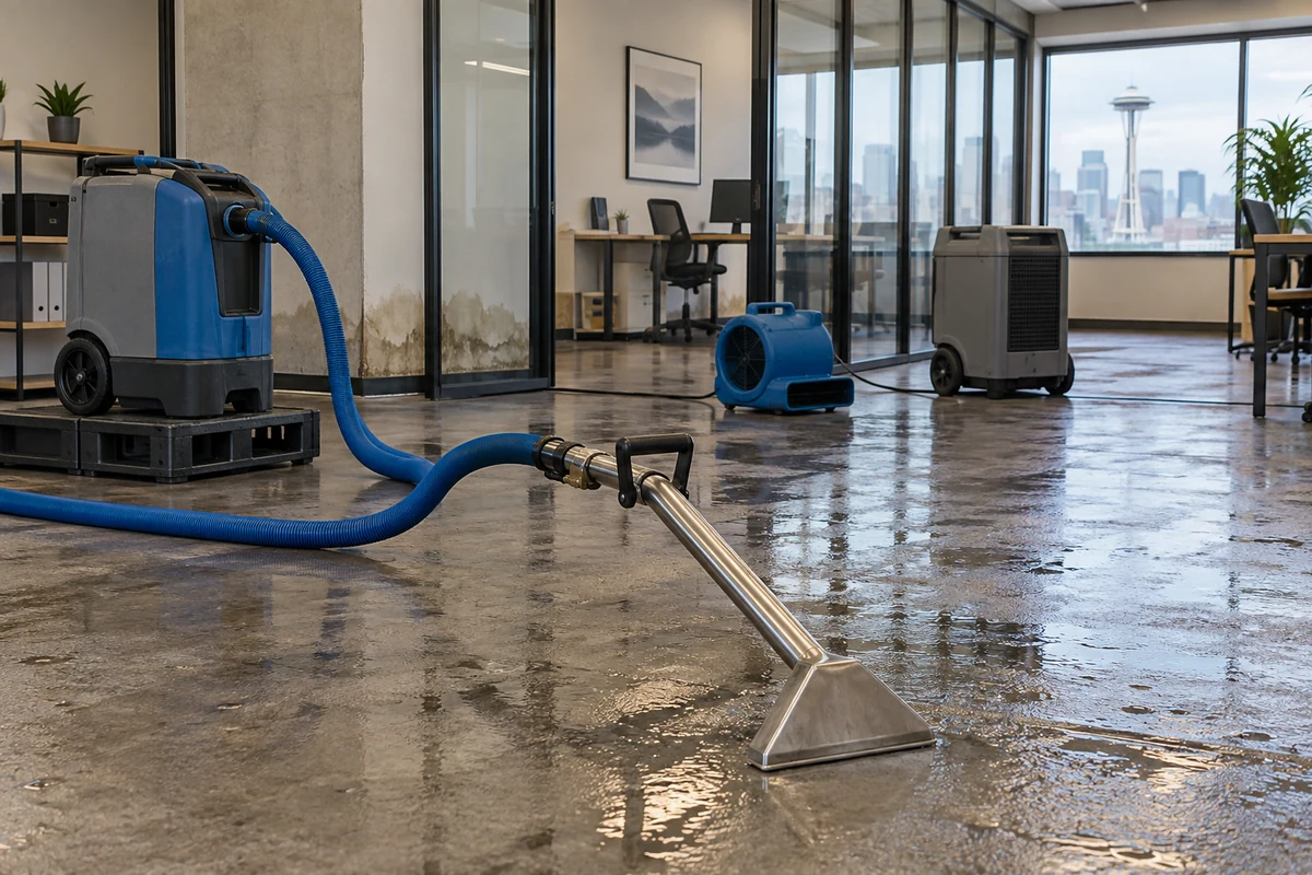 Water extraction equipment, an air mover, and a dehumidifier in a water-damaged office.