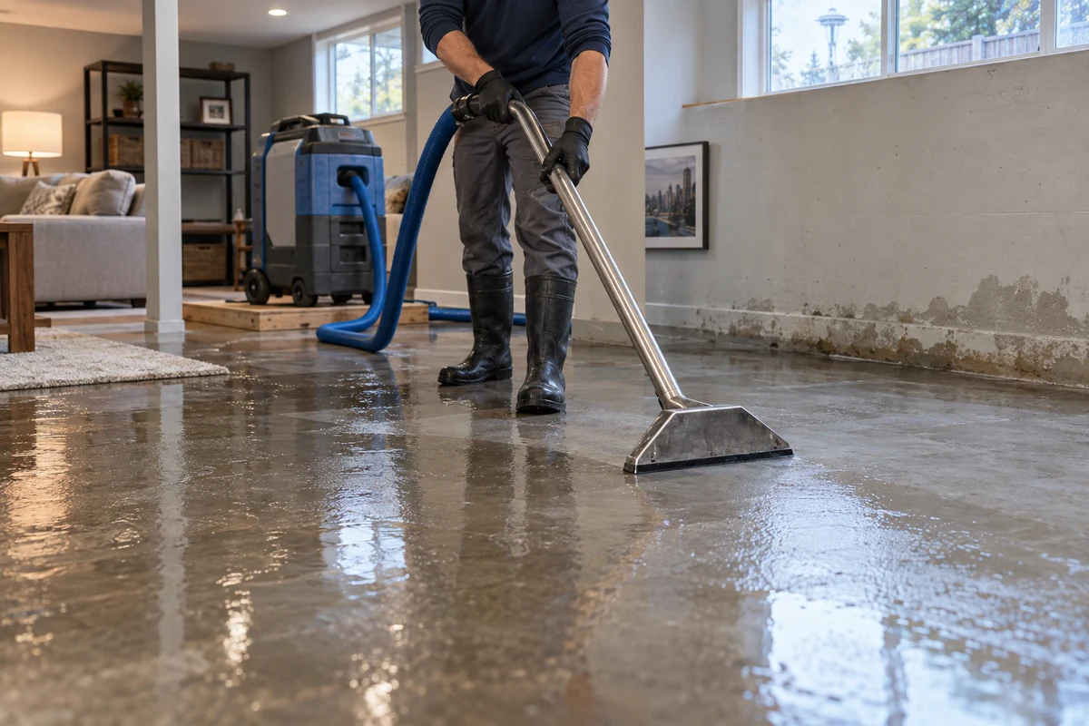Technician using a water extraction wand to remove standing water from a flooded basement room.