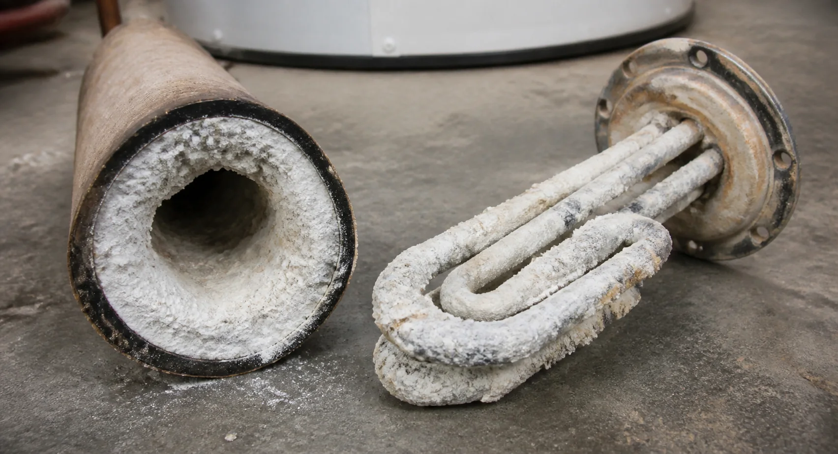 Heavy mineral scale buildup on a water heater element and inside its tank fitting.