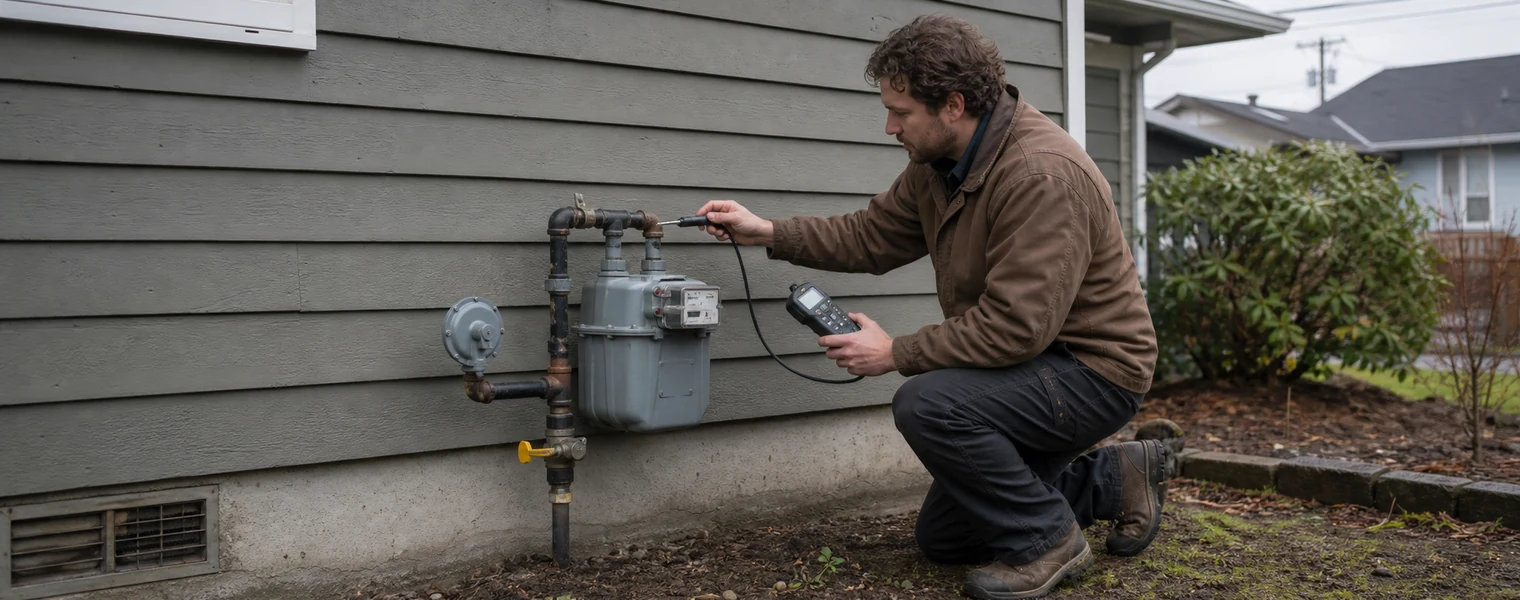 Licensed plumber kneeling beside a residential gas meter while inspecting an exterior gas line.