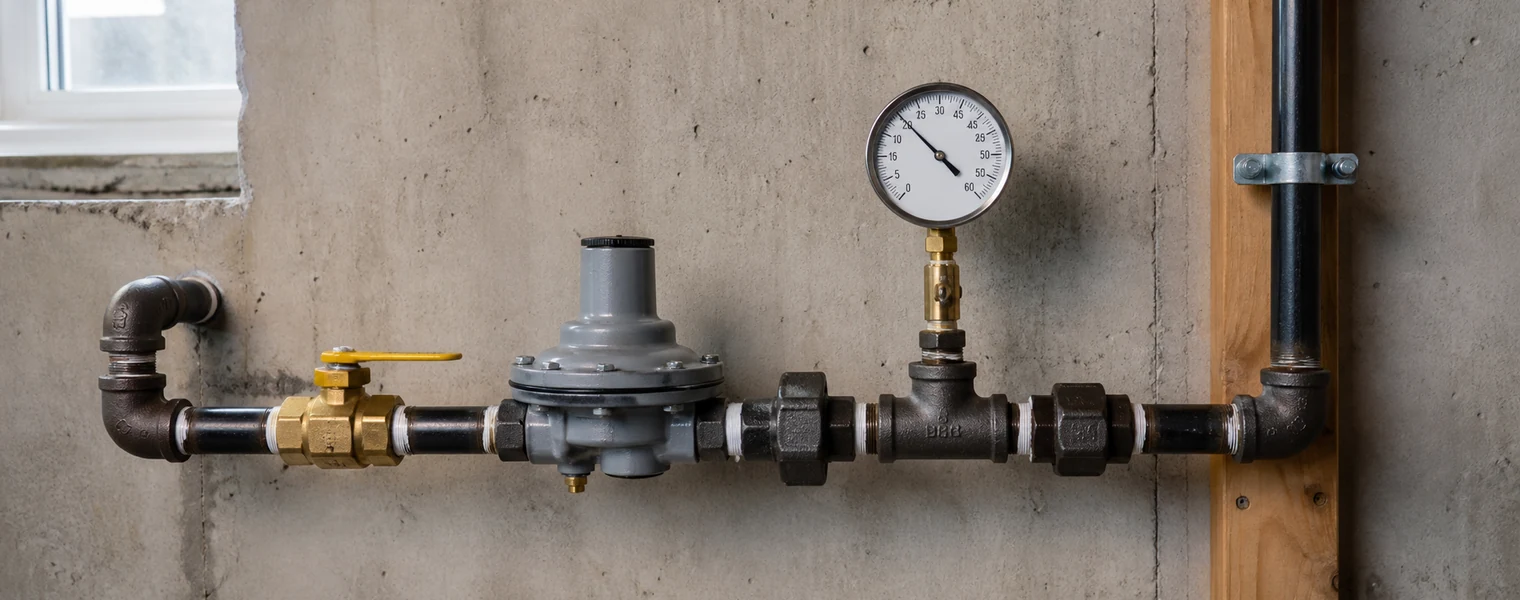 Modern gas piping system with a pressure regulator and connected pressure-test gauge.