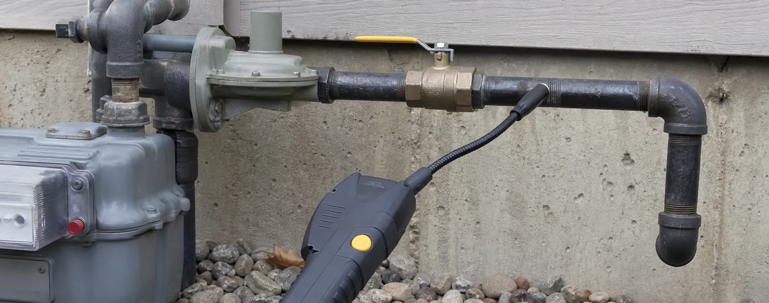 Close-up of a residential gas shut-off valve beside an electronic leak detector.