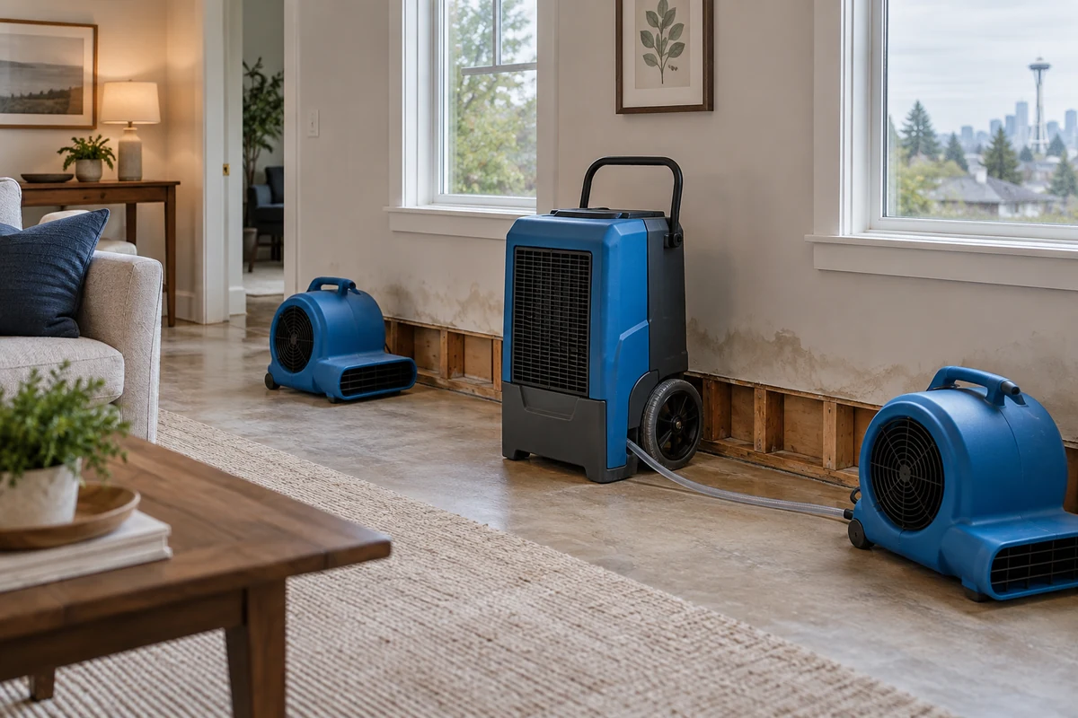 Two air movers and a dehumidifier drying a water-damaged living room.