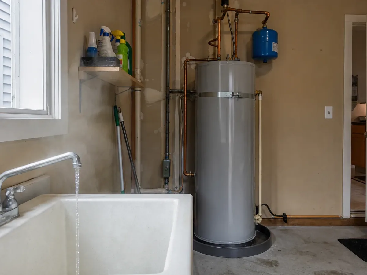 Restored water heater delivering hot water to a utility sink in a Seattle home