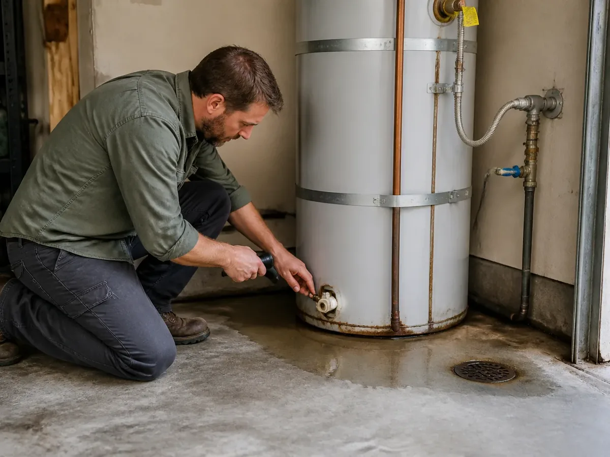 Plumber inspecting a leaking water heater serving a SoDo property.