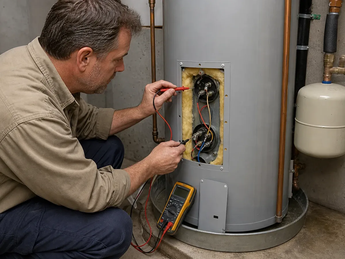 Technician testing an electric water heater thermostat and heating element