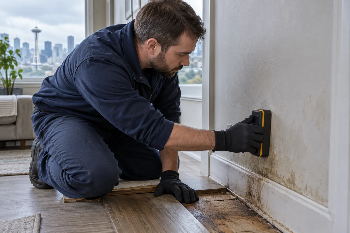 Technician checking water-damaged drywall with a moisture meter beside exposed flooring.