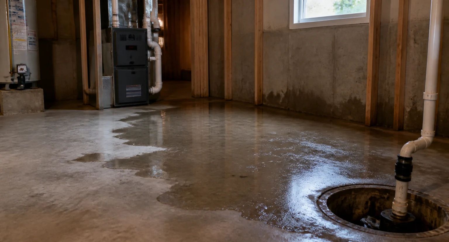 Basement water accumulation showing need for sump pump repair to prevent flooding damage