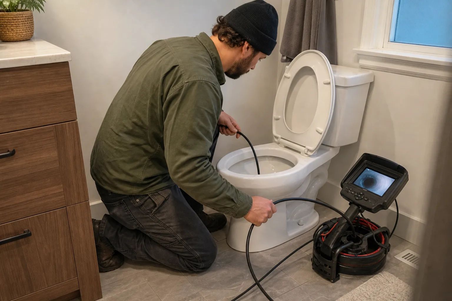 Seattle plumber diagnosing a toilet drain problem with professional tools