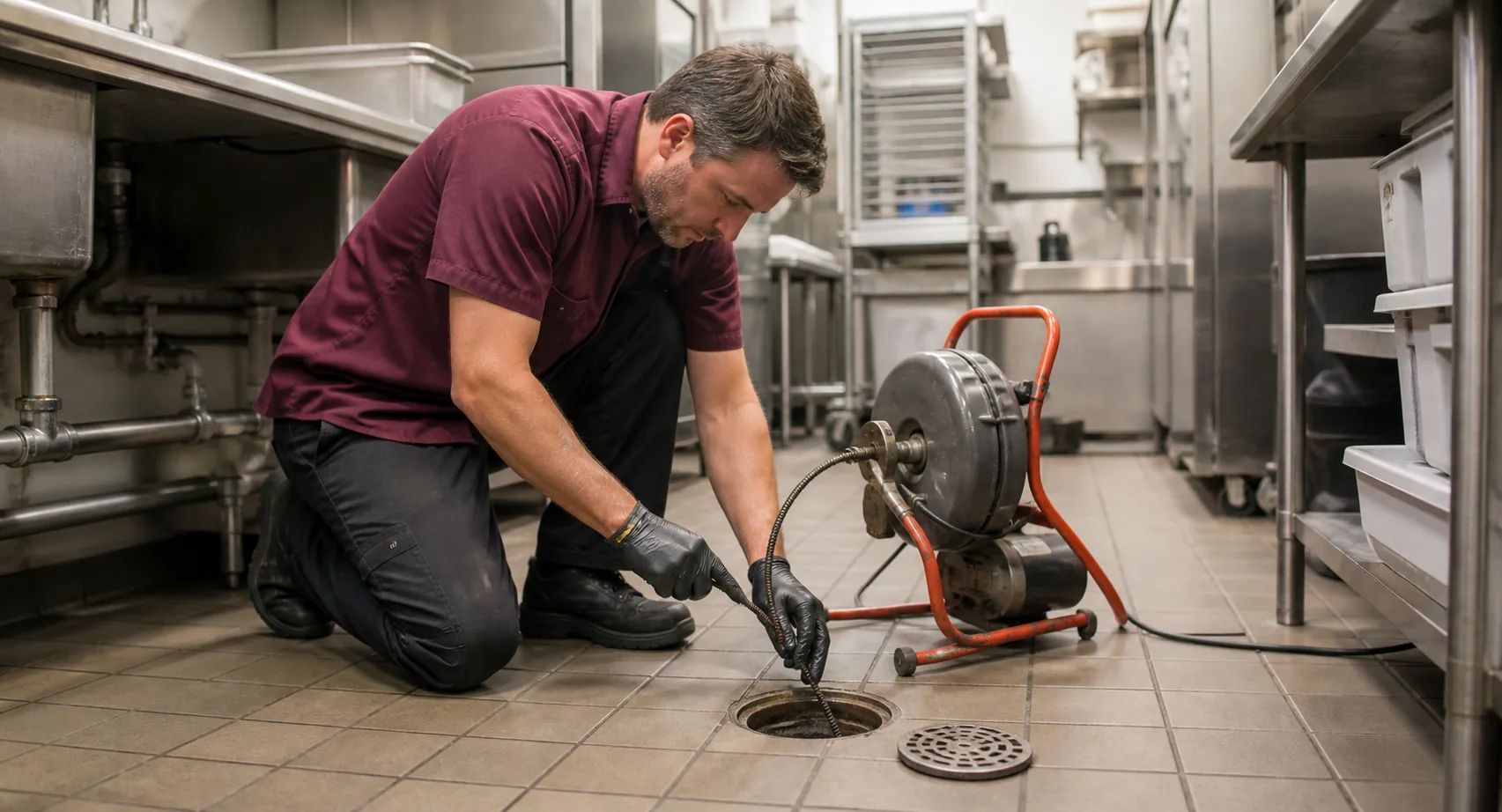 Commercial drain cleaning service at Seattle restaurant showing industrial drainage system maintenance by licensed plumber