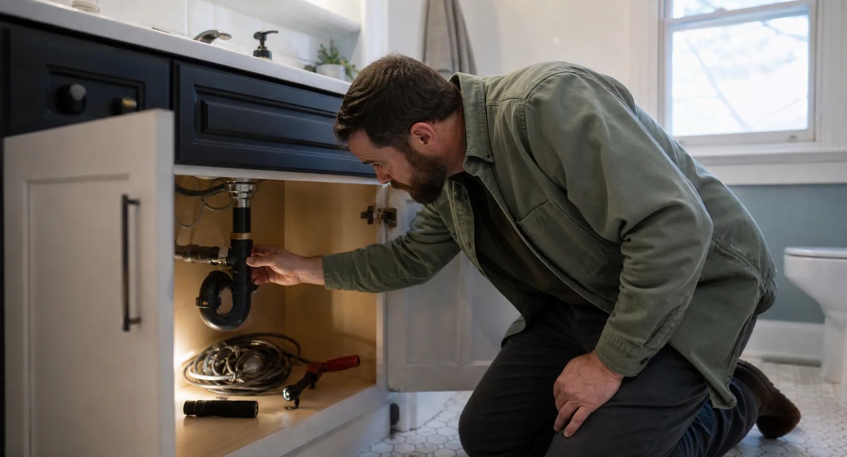 Plumber diagnosing clogged drain blockage in Seattle home bathroom sink with professional tools