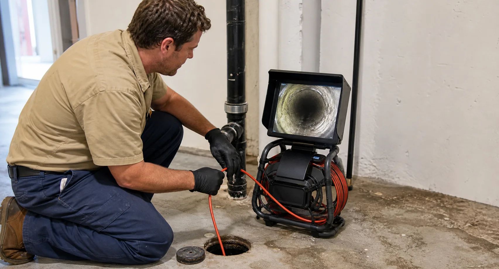 Licensed plumber using CCTV drain camera to inspect sewer line condition showing monitor with pipe interior view