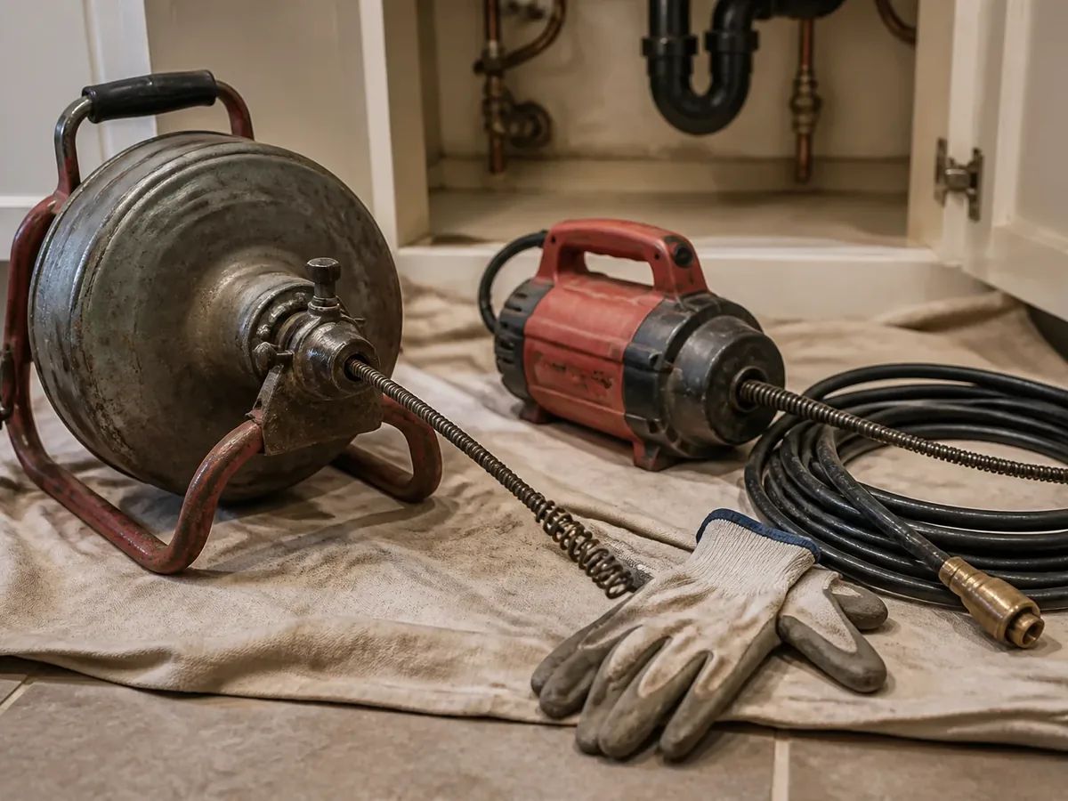 Drain snake and hydro-jetting equipment for clearing a blocked sink drain