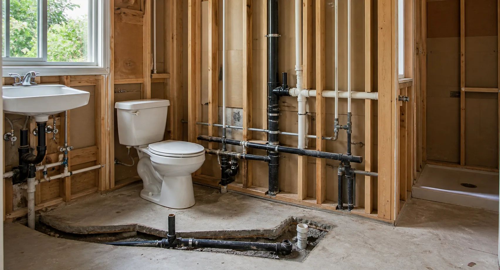 Residential drainage system with sink, toilet and shower connections showing plumbing infrastructure in Seattle home