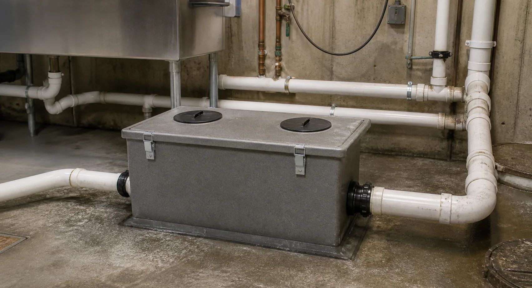 Grease trap system protecting sewer infrastructure from FOG contamination and blockages