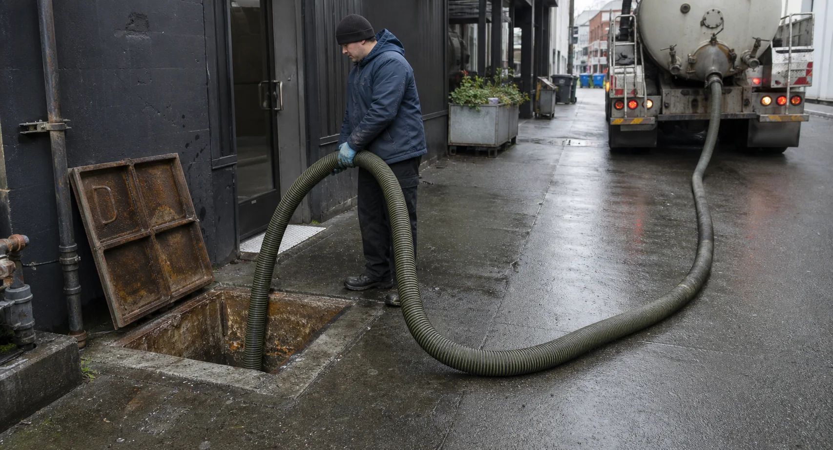 Professional grease trap cleaning service using vacuum pump truck to evacuate accumulated waste
