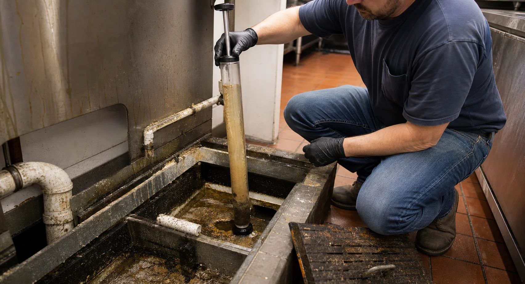 Licensed plumber using sludge judge and core sampler to inspect grease trap accumulation levels