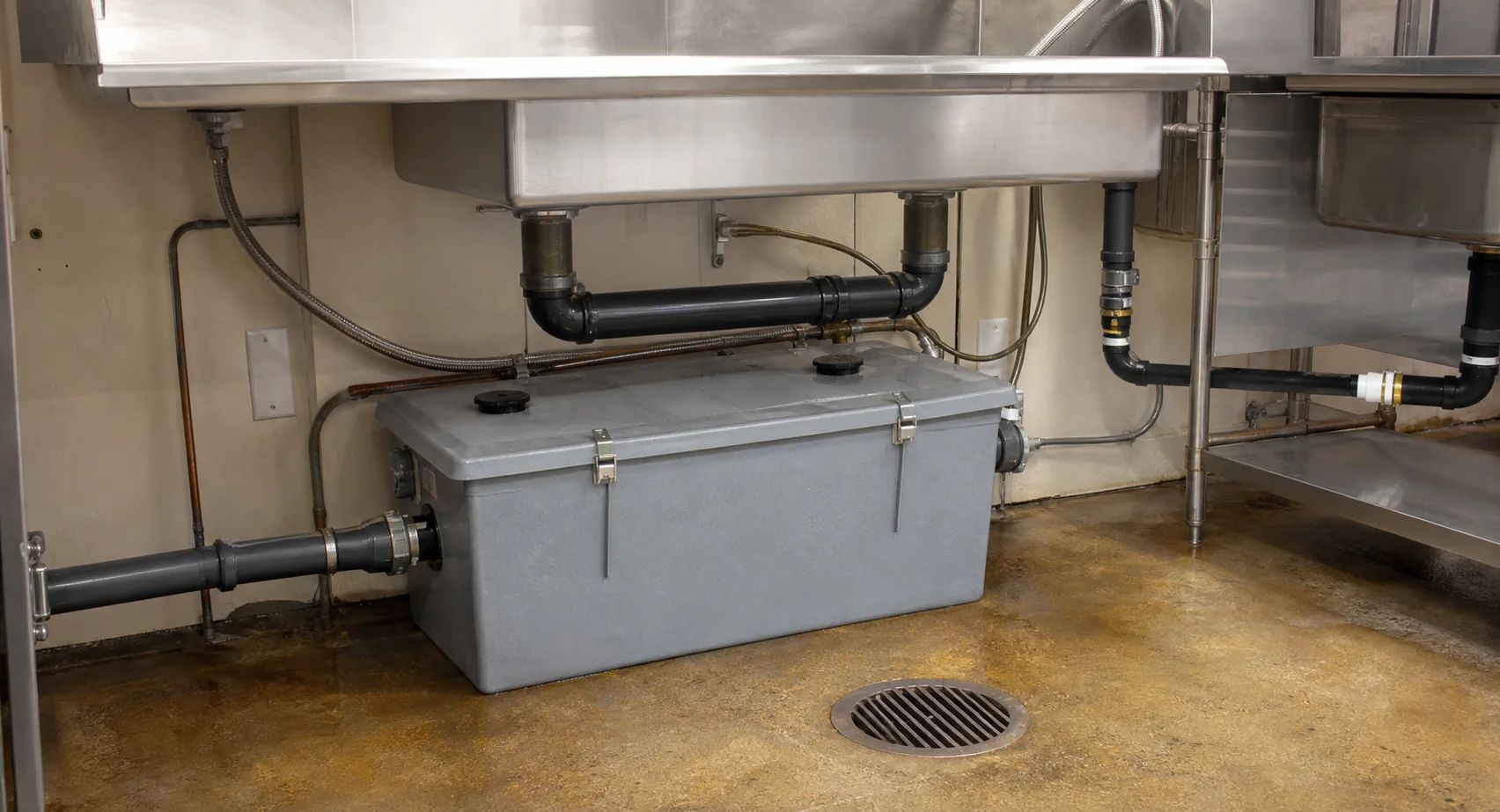 Commercial kitchen grease trap installation connected to sink drains and floor drains