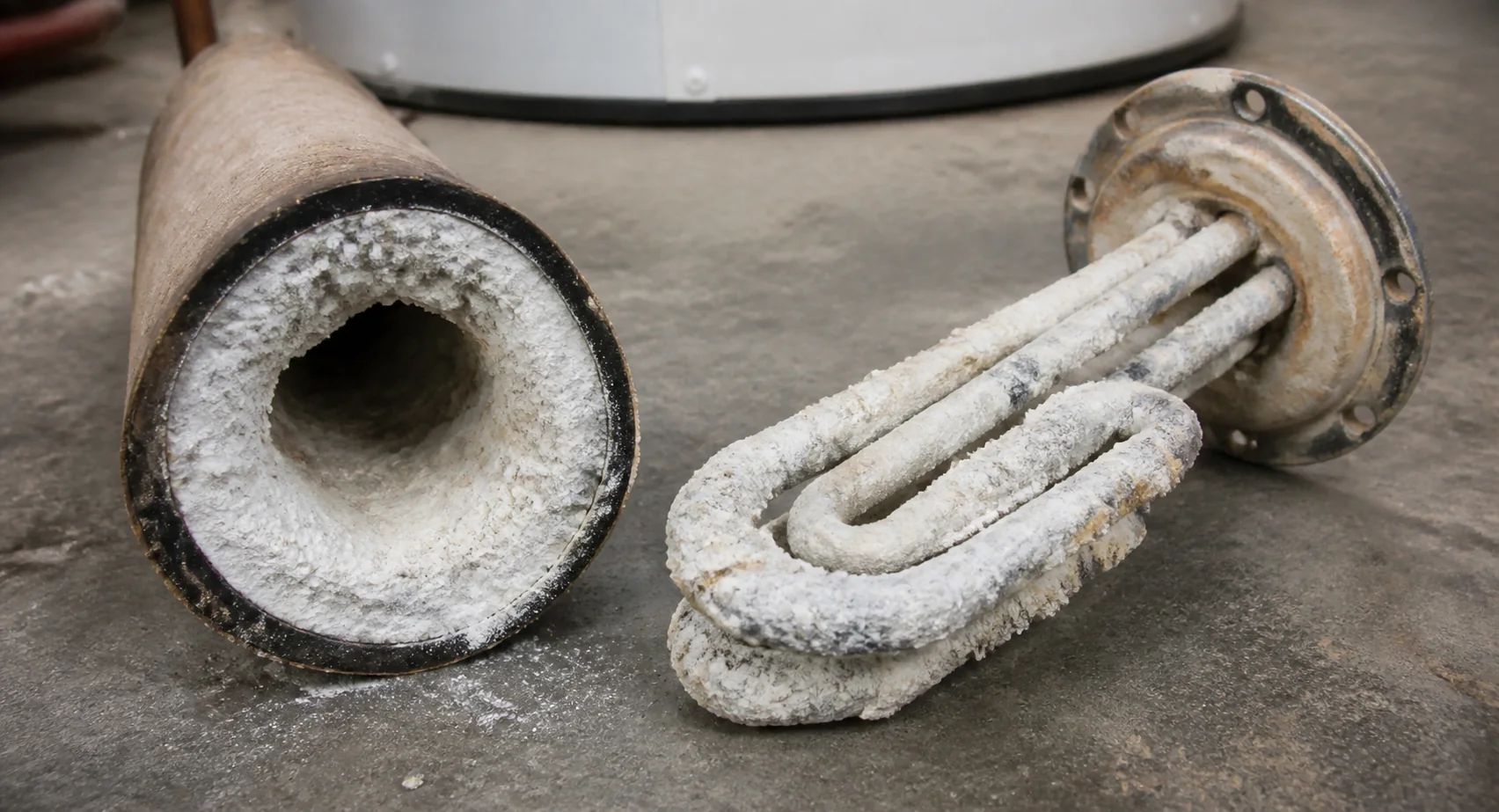 Scale buildup from hard water minerals inside pipes and water heater components