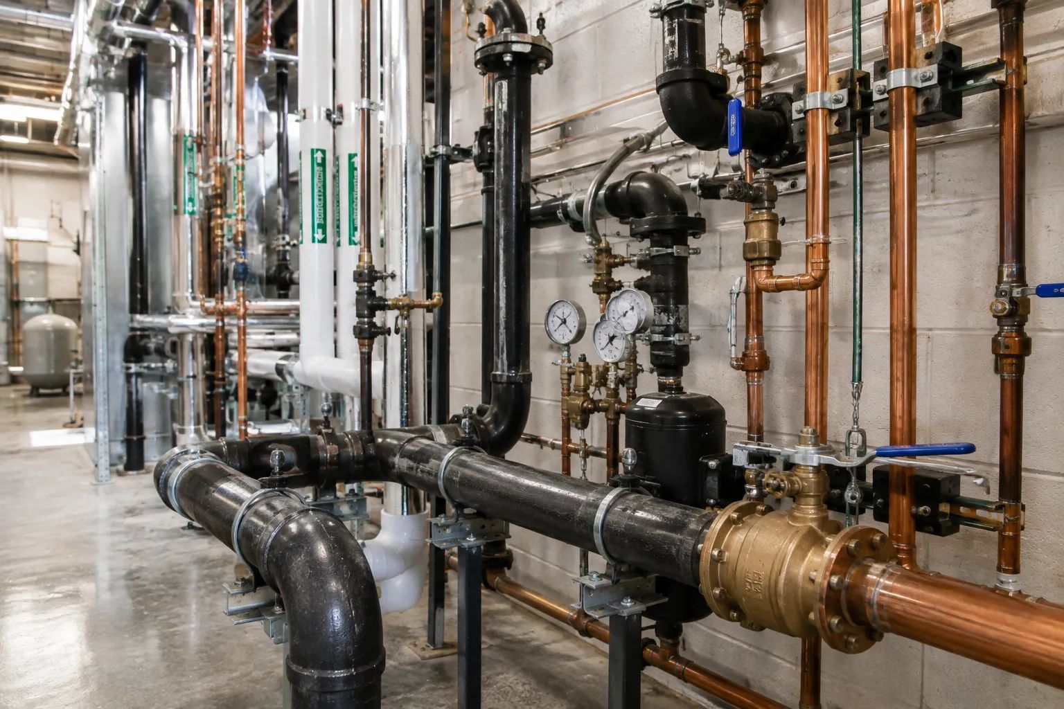 Commercial mechanical room with copper and iron plumbing pipes, valves, gauges, and water system equipment.