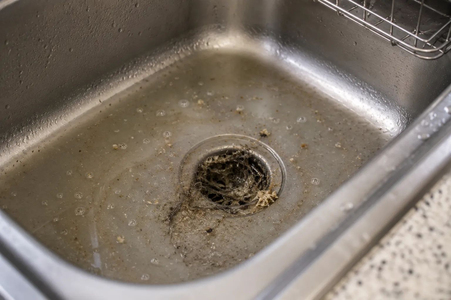 Clogged kitchen sink drain with standing dirty water and debris around the drain opening.