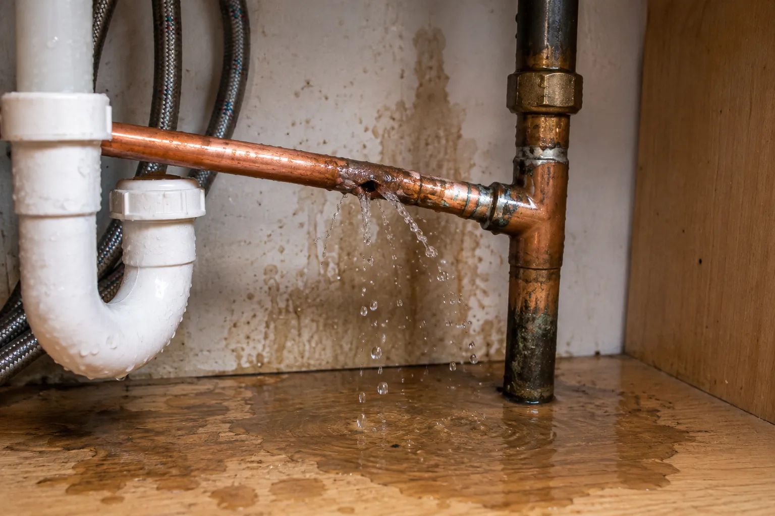 Leaking copper pipe beneath a sink spraying water from a damaged pipe joint.