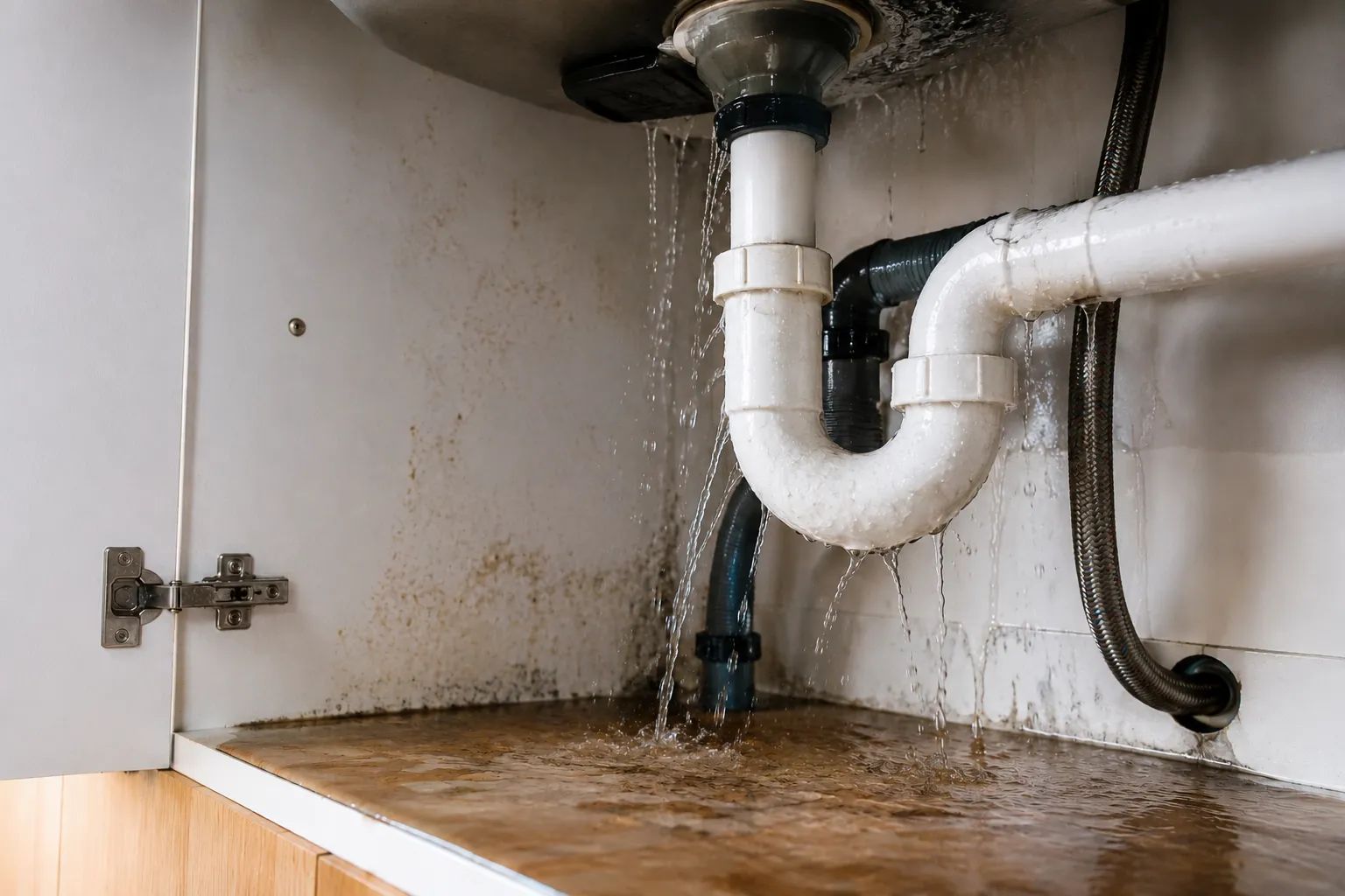 Water leaking from damaged plumbing pipes beneath a kitchen sink and pooling inside the cabinet.
