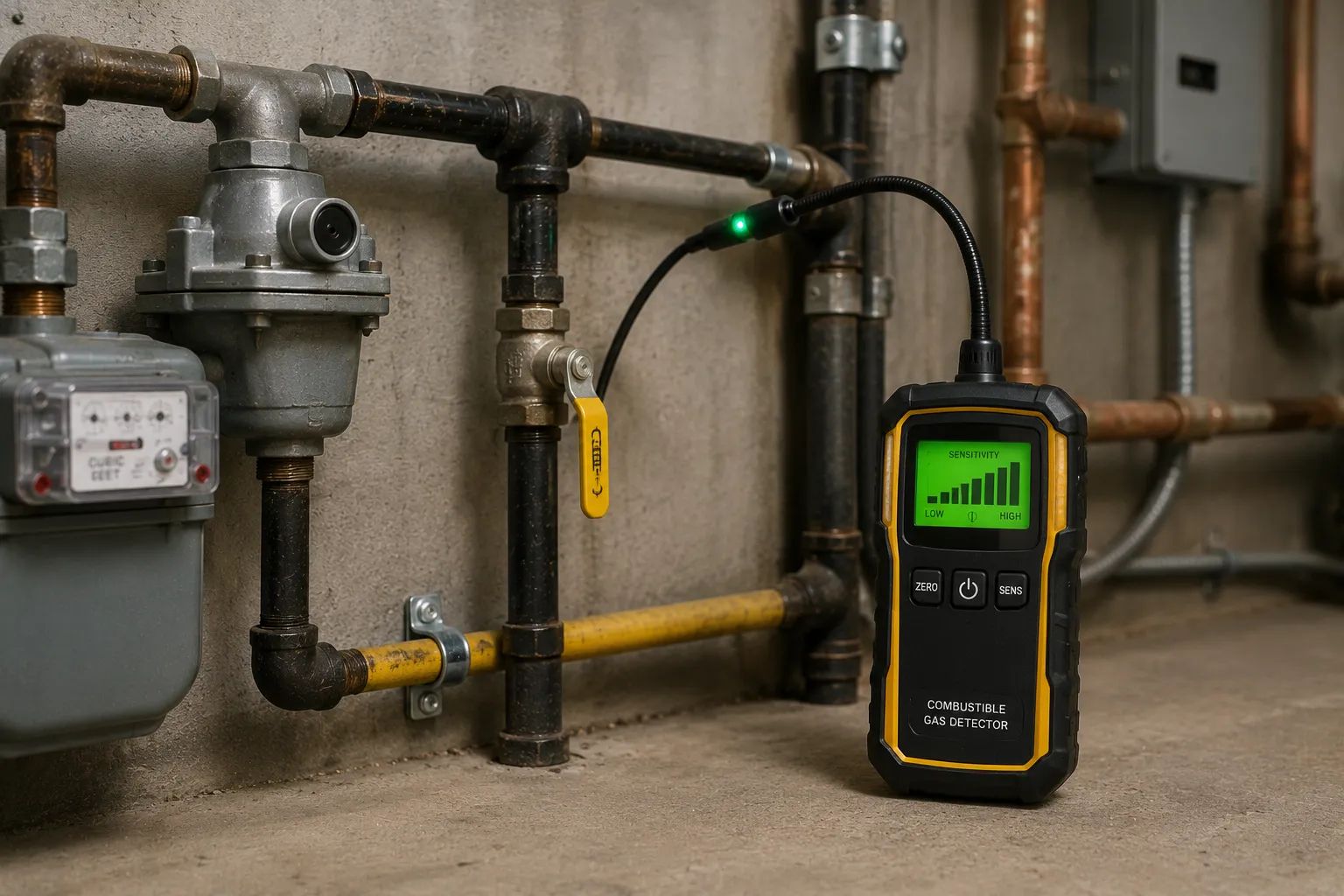 Gas leak detector positioned near gas pipes, valves, regulator, and meter connections during an inspection.