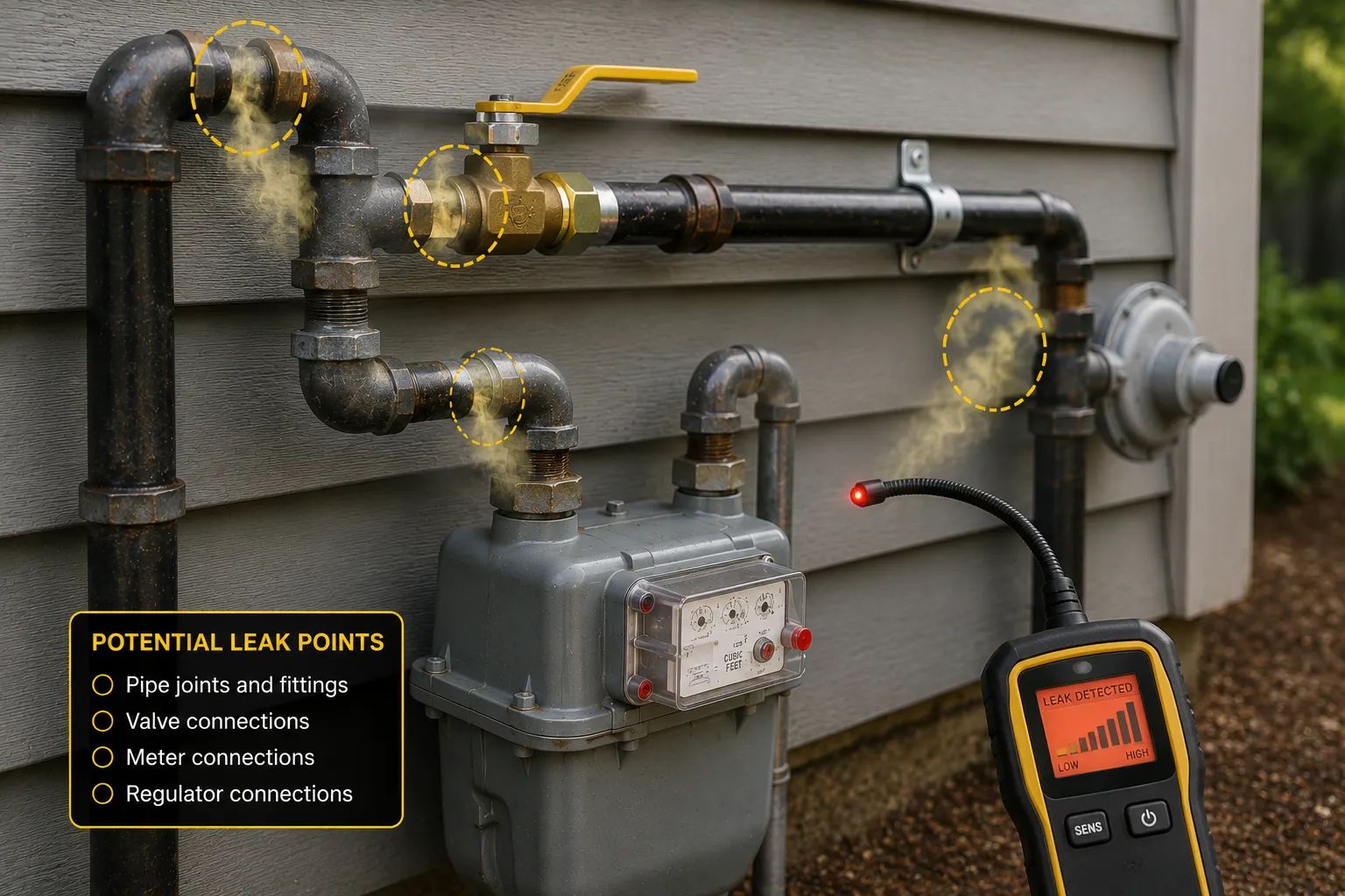 Residential natural gas meter with black gas pipes, brass fittings, regulator, and shutoff valve