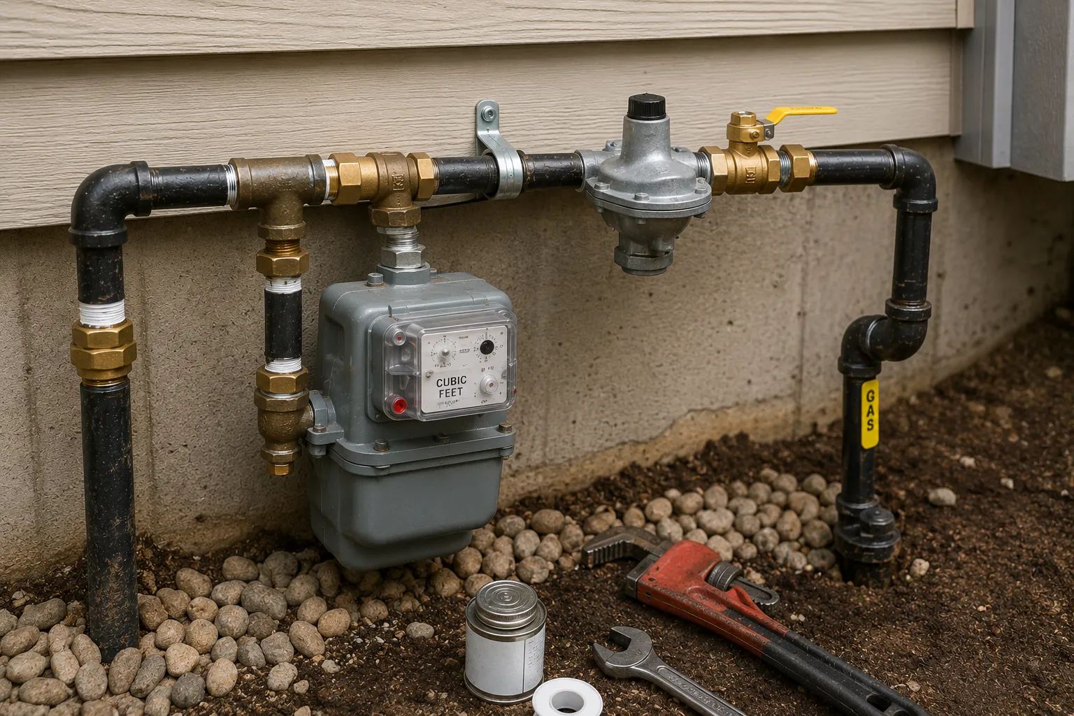 Repaired outdoor gas line system with meter, regulator, shutoff valve, black piping, and repair tools nearby.
