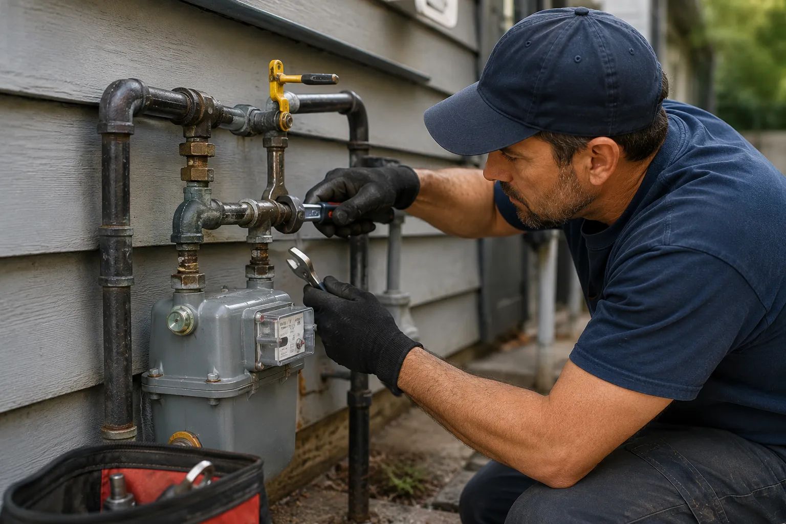 Plumber repairing an outdoor natural gas line and meter connection using hand tools.
