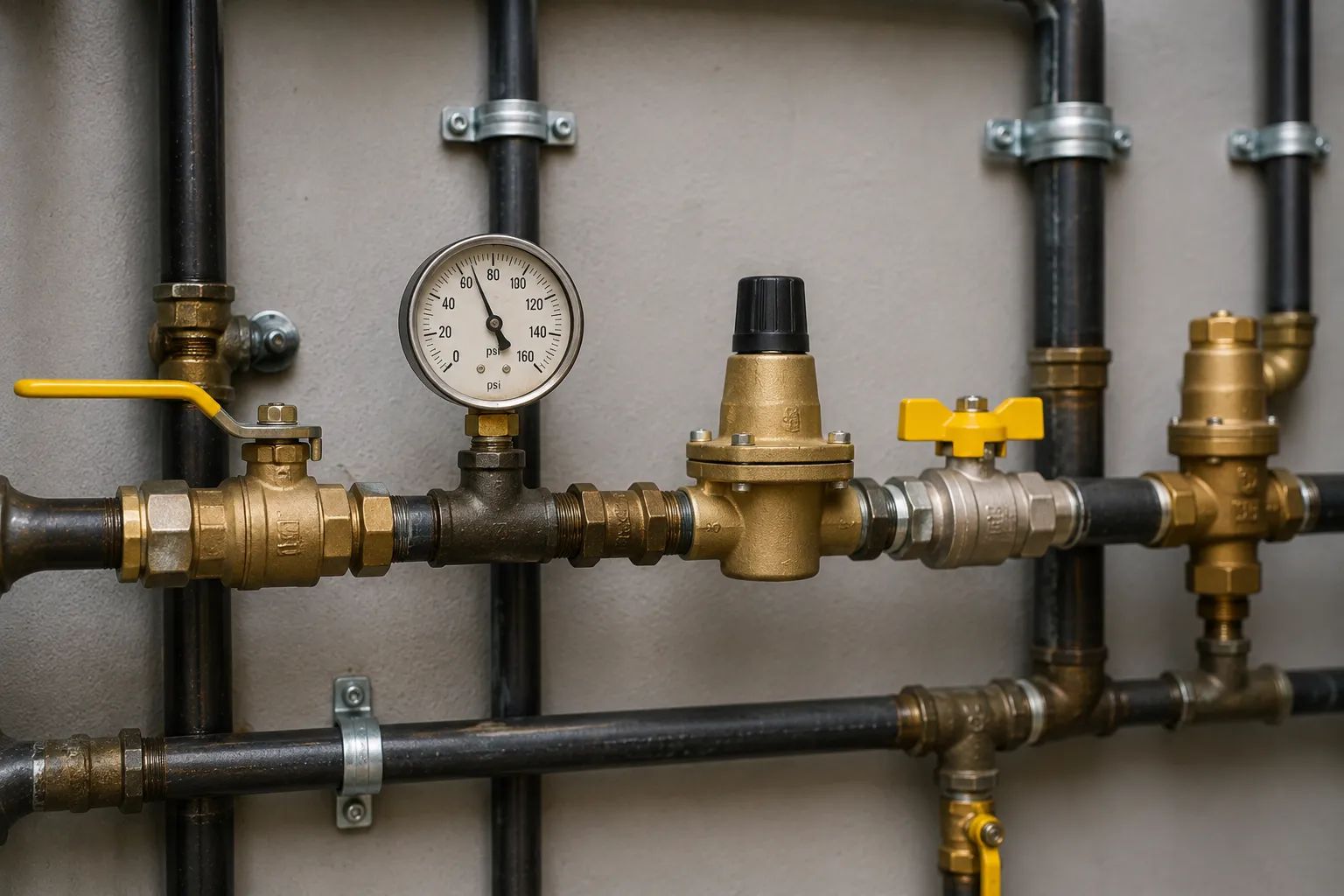 Gas piping system with pressure gauge, regulator, brass fittings, and multiple shutoff valves.