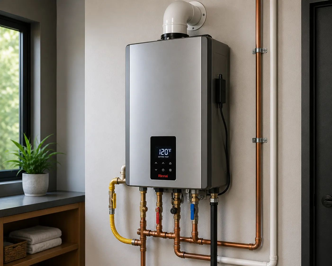Modern wall-mounted tankless water heater with copper water lines, gas connection, valves, and vent piping.