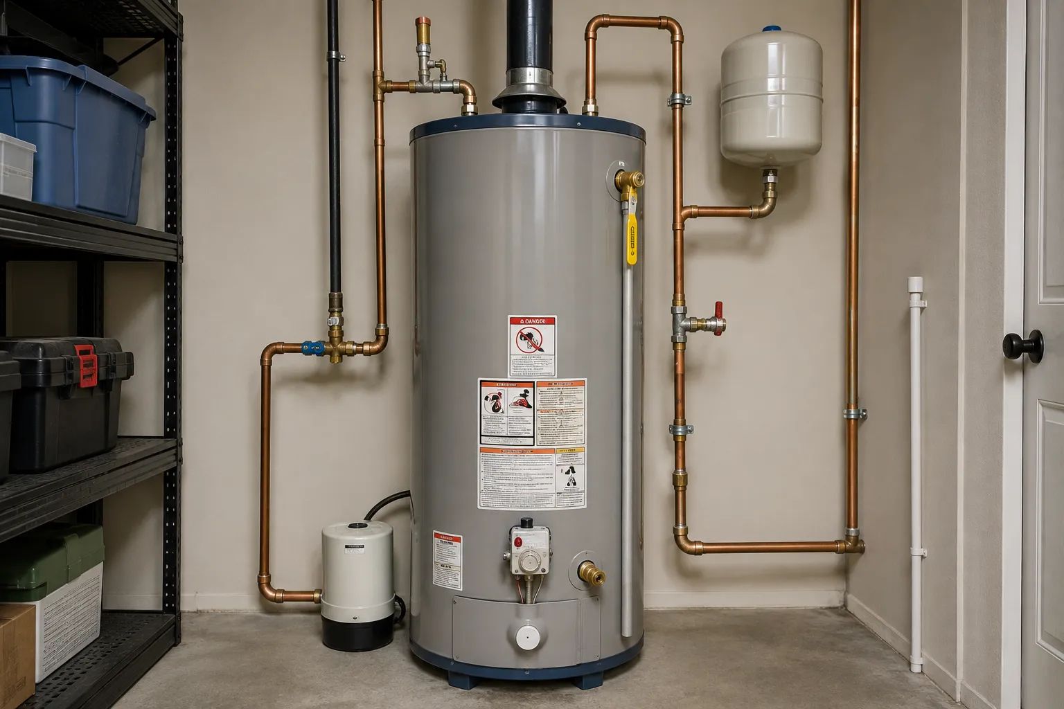Tank water heater installed in a utility room with copper plumbing connections, shutoff valves, vent pipe, and expansion tank.