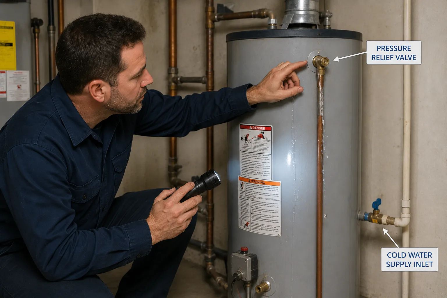 Plumber inspecting a leaking water heater pressure relief valve and water supply connections.