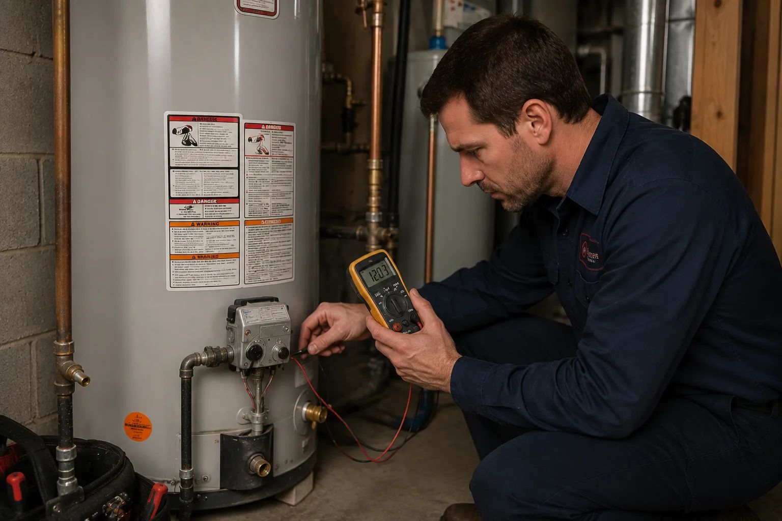 Plumber using a multimeter to diagnose electrical and temperature problems on a tank water heater.