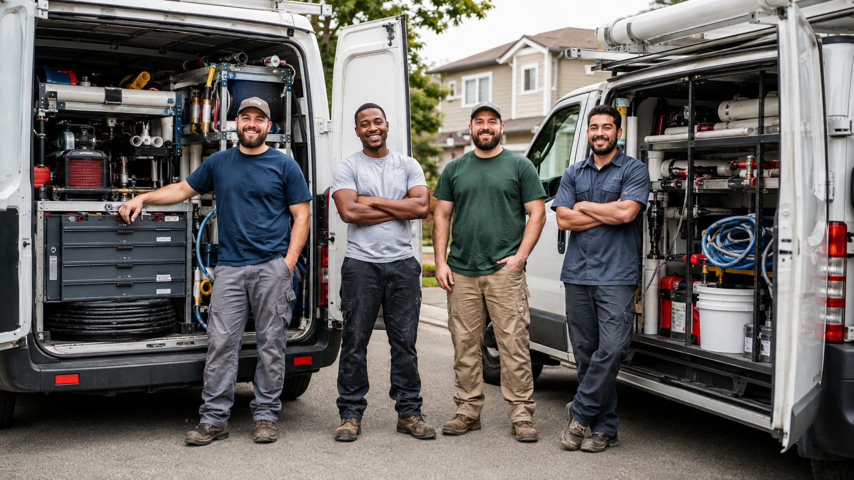 Four plumbing technicians posing beside two fully equipped service vans with open doors showing organized plumbing tools and equipment.