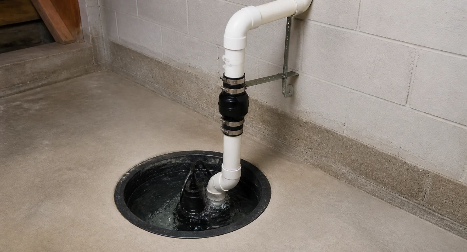 Sump pump discharge system showing proper fluid movement and hydraulic performance for basement water removal