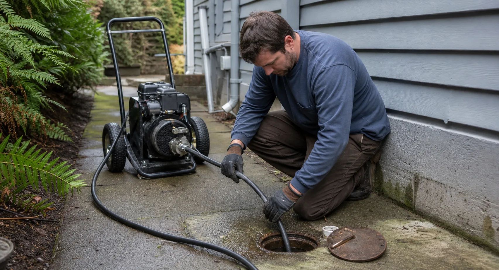 Professional plumber using hydro-jetter equipment to clear drain line blockage with high-pressure water in Seattle