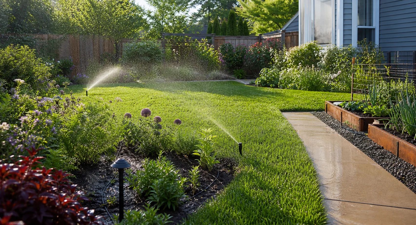 Water-efficient irrigation plumbing system supporting healthy lawn and garden landscape