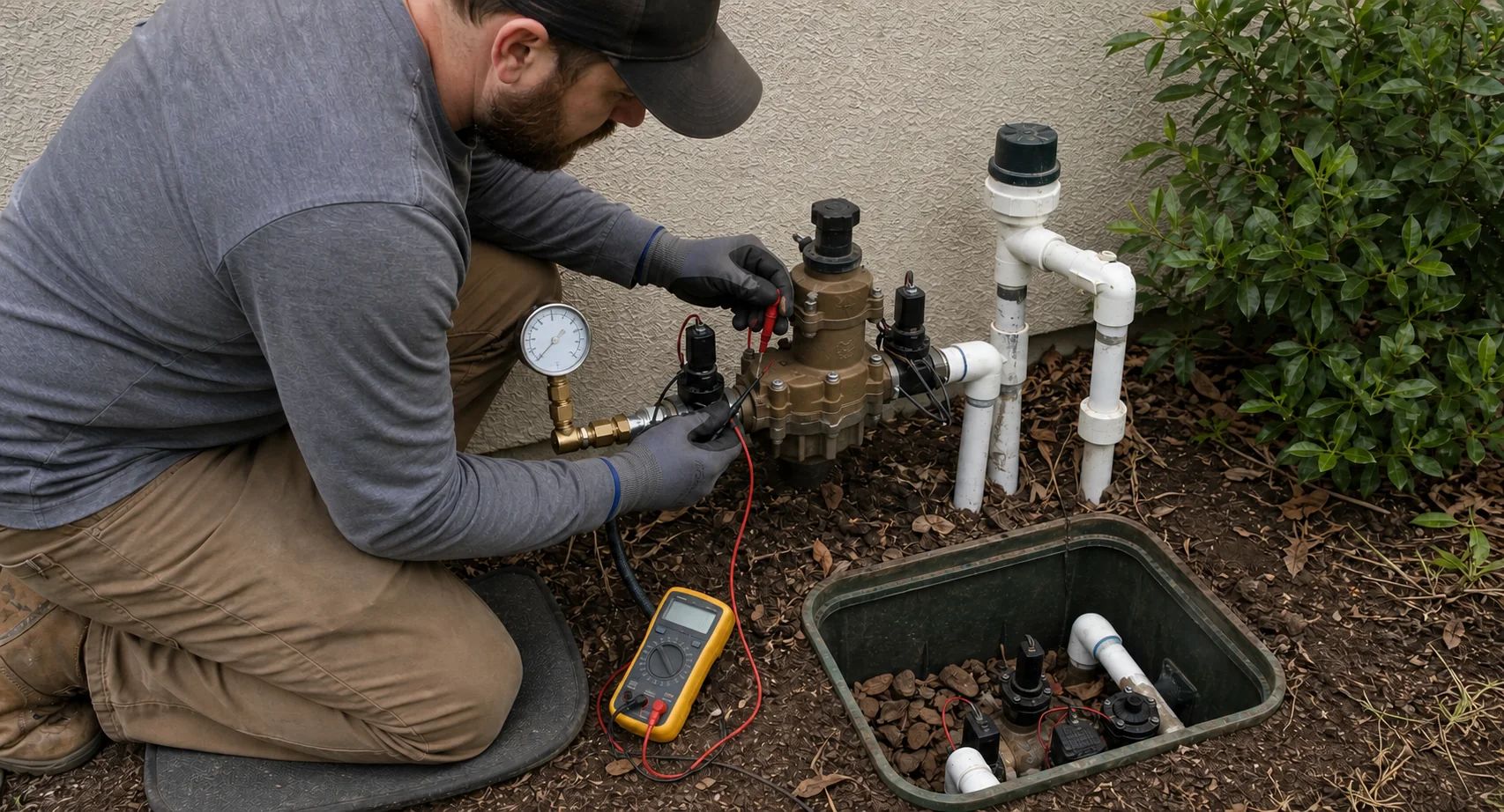 Licensed plumber using pressure gauges and multimeter to inspect irrigation plumbing system