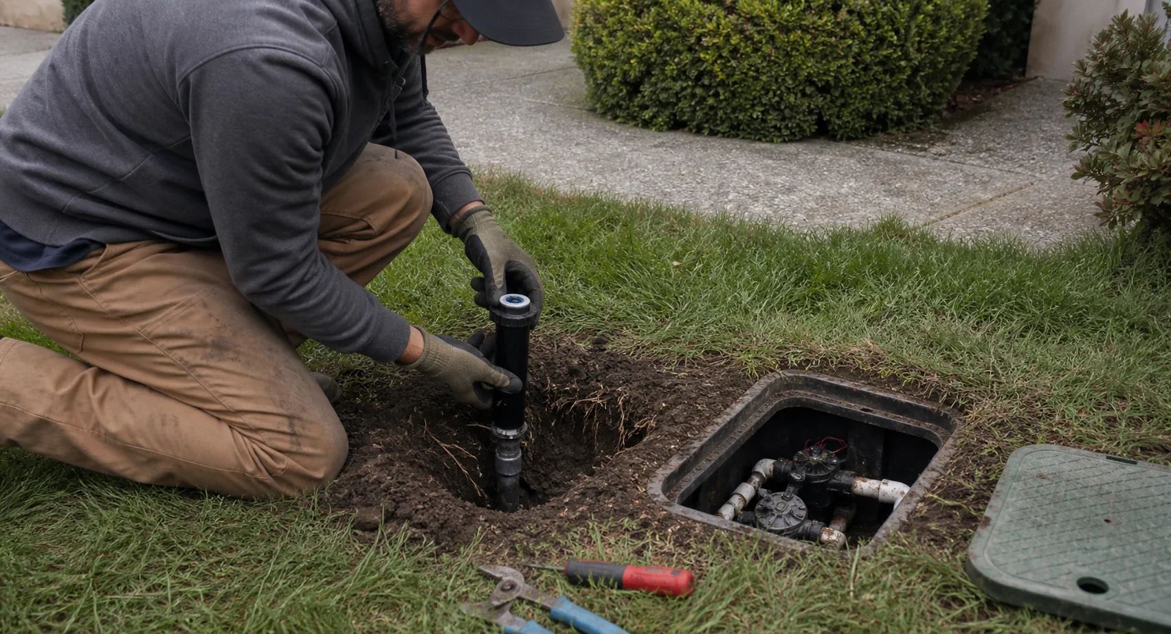 Professional plumber repairing sprinkler head and zone valve in residential irrigation plumbing system