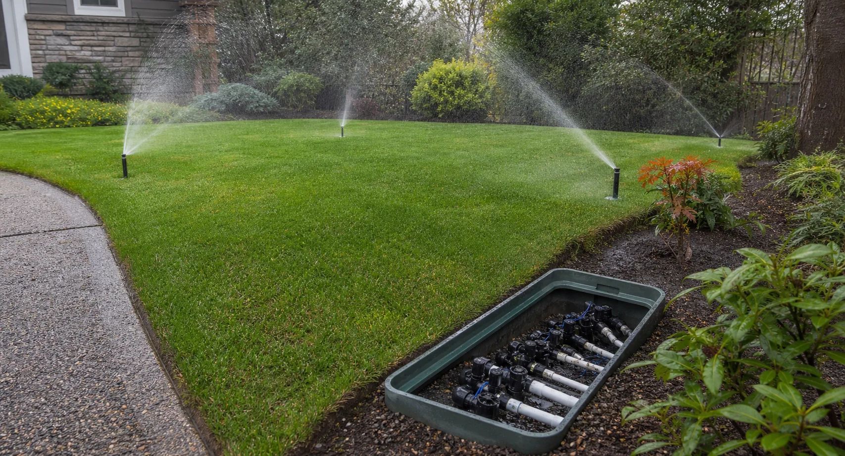Irrigation sprinkler system distributing water to lawn with pop-up heads and zone valves