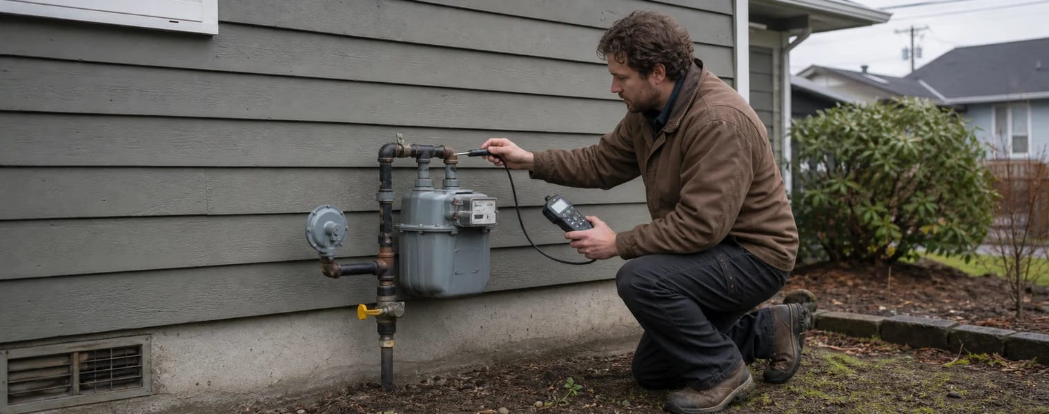 Licensed plumber kneeling beside a residential gas meter while inspecting an exterior gas line.