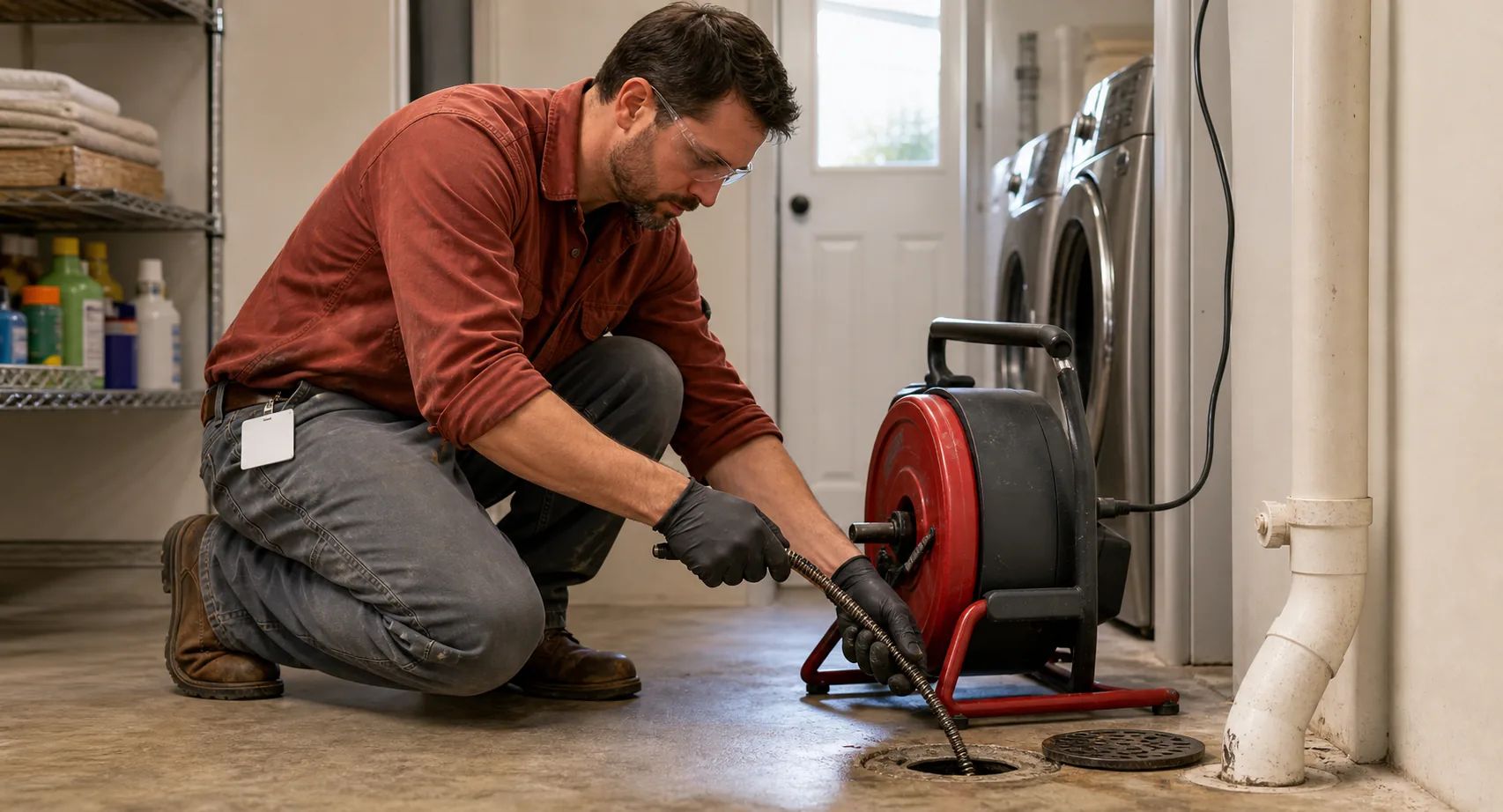 Licensed Seattle plumber with credentials badge performing professional drain cleaning service following plumbing codes