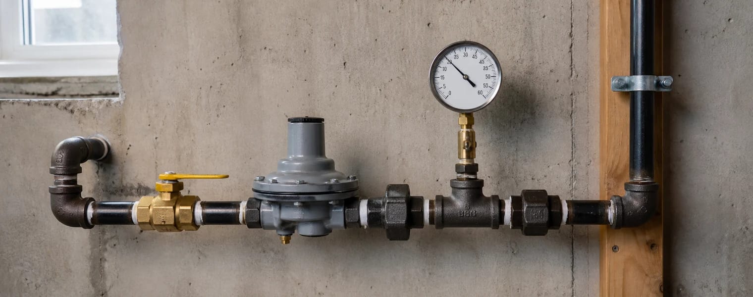 Modern gas piping system with a pressure regulator and connected pressure-test gauge.