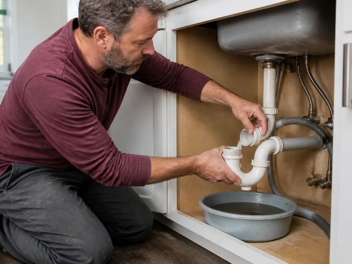 Plumber clearing a blocked P-trap under a kitchen sink