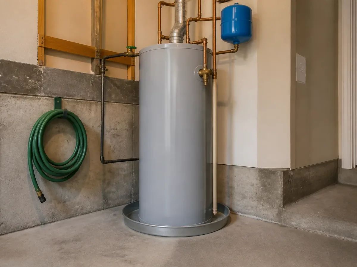 Repaired, dry water heater with clean fittings in a Seattle home utility room