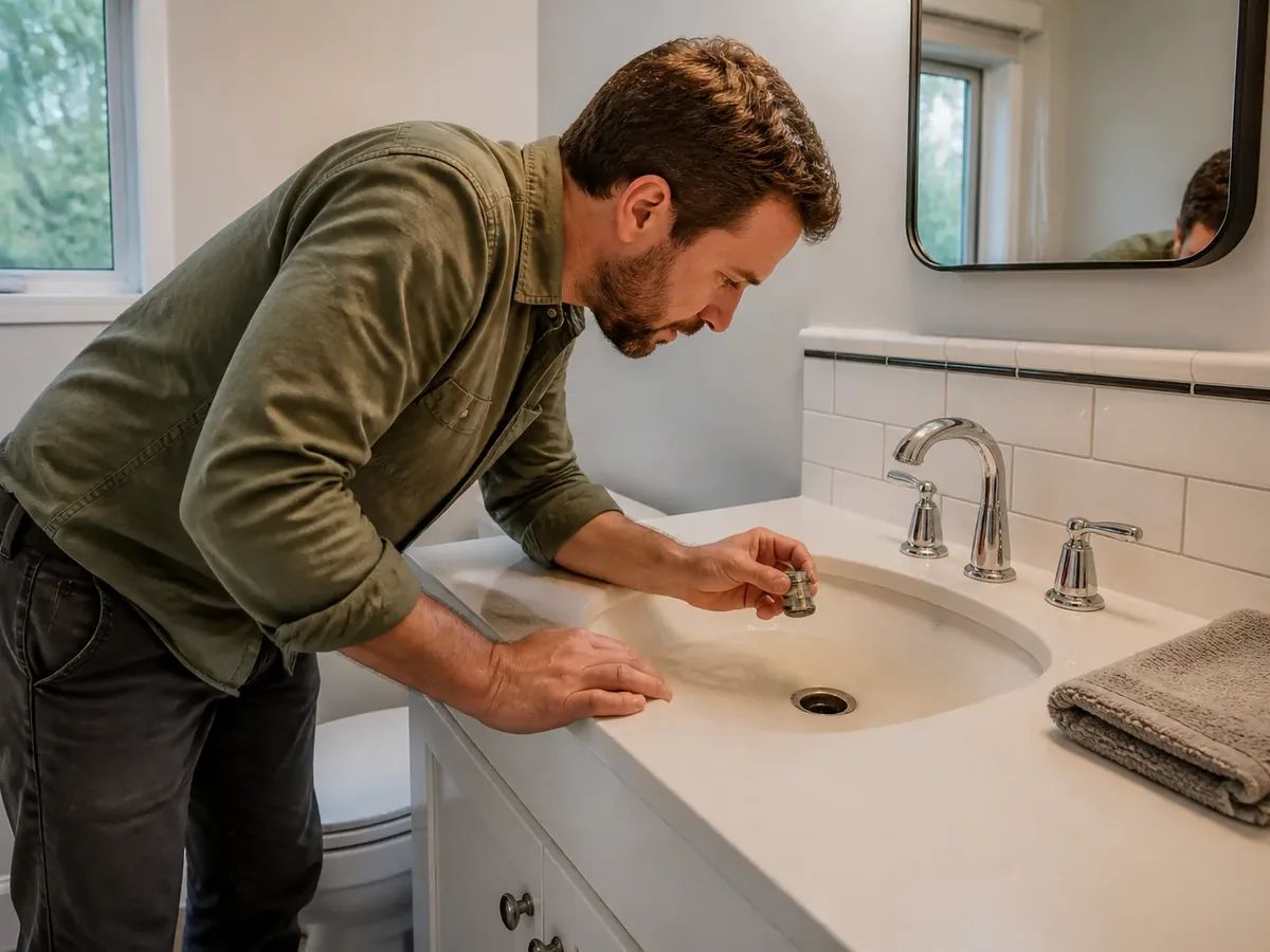 Seattle plumber inspecting a slow-draining bathroom sink