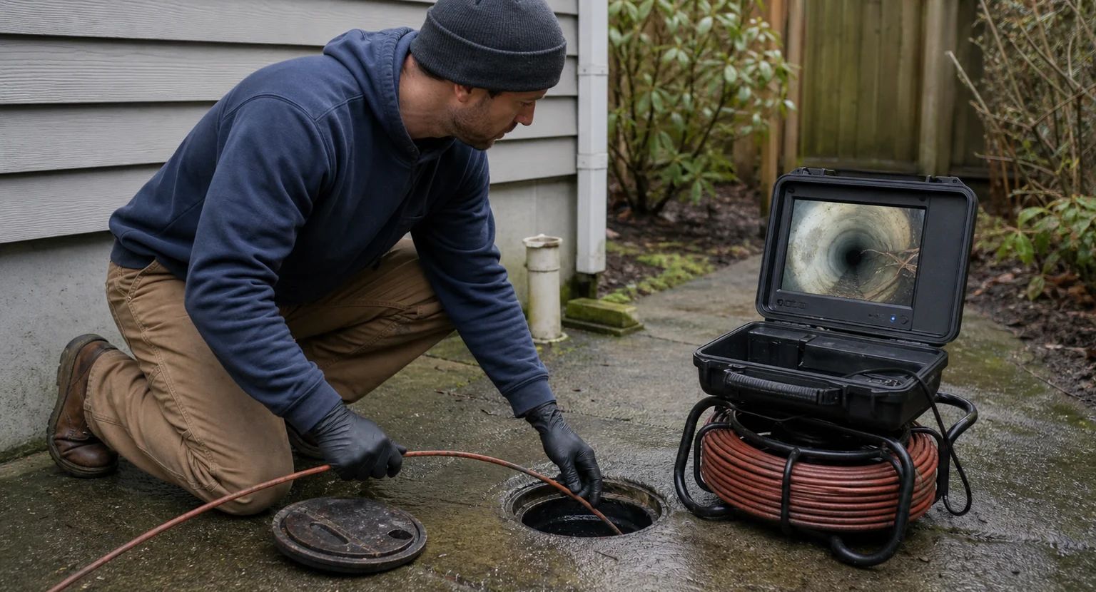 Licensed plumber using CCTV sewer camera to inspect underground pipe condition showing monitor with pipe interior